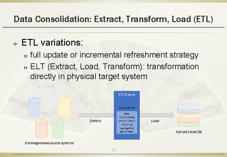 Data Consolidation: Extract, Transform, Load (ETL) ß ETL variations: Þ Þ full update or