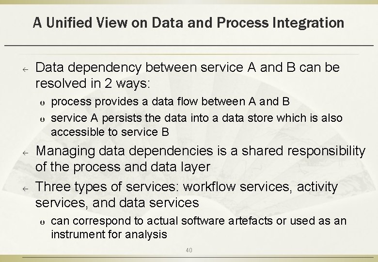 A Unified View on Data and Process Integration ß Data dependency between service A