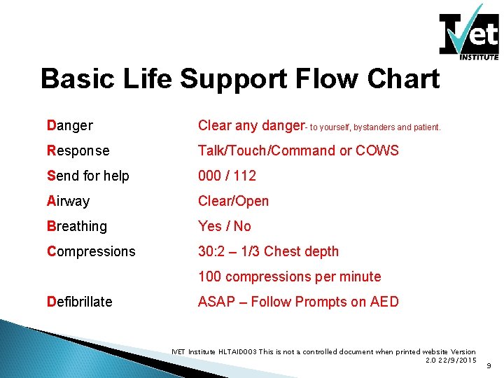 Basic Life Support Flow Chart Danger Clear any danger- to yourself, bystanders and patient. Basic Life Support Flow Chart Danger Clear any danger- to yourself, bystanders and patient.