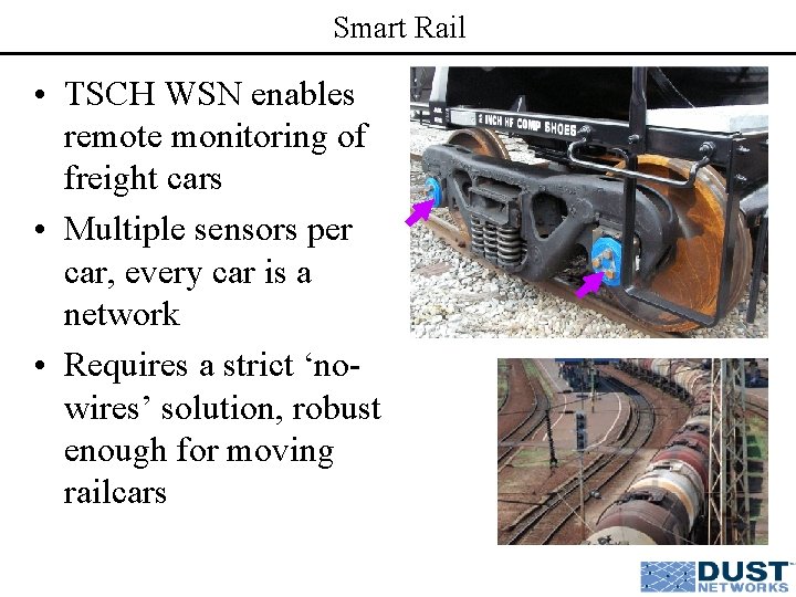 Smart Rail • TSCH WSN enables remote monitoring of freight cars • Multiple sensors