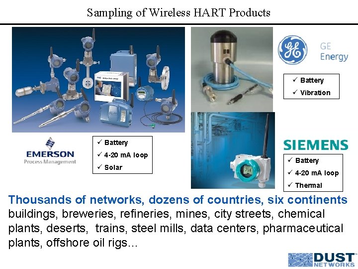 Sampling of Wireless HART Products ü Battery ü Vibration ü Battery ü 4 -20