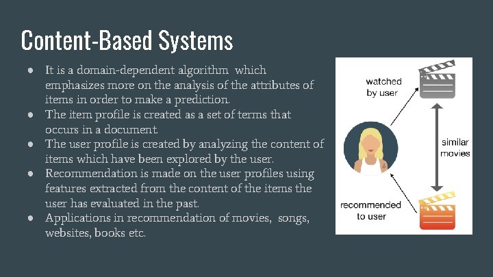 Content-Based Systems ● It is a domain-dependent algorithm which emphasizes more on the analysis Content-Based Systems ● It is a domain-dependent algorithm which emphasizes more on the analysis