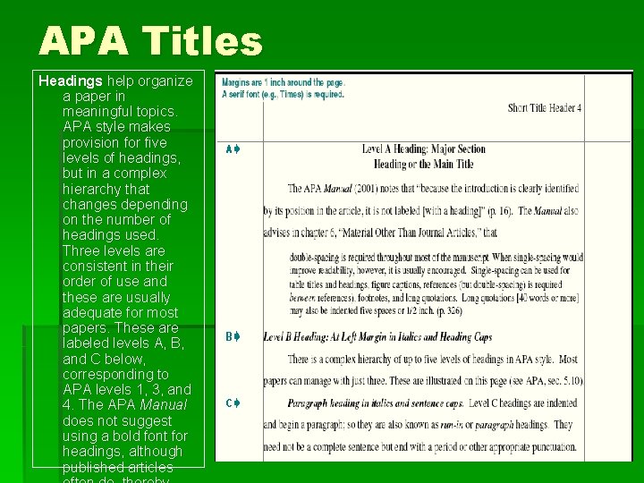 APA Titles Headings help organize a paper in meaningful topics. APA style makes provision