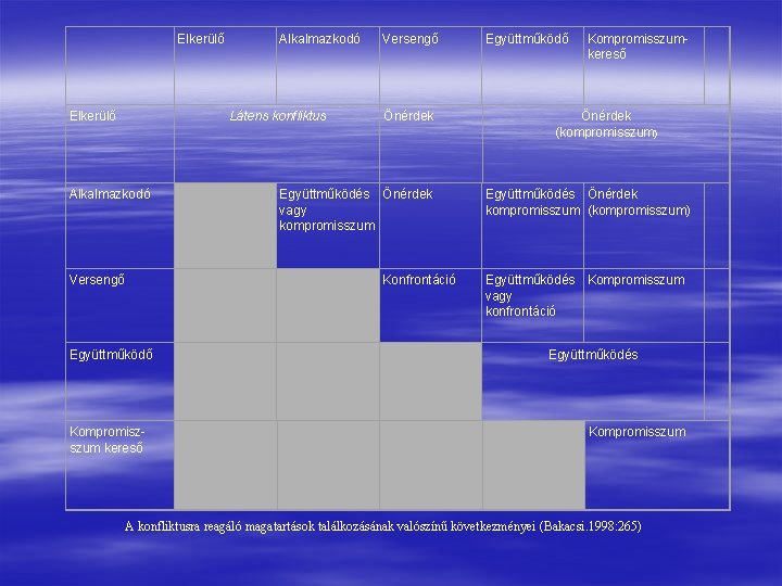 Elkerülő Alkalmazkodó Látens konfliktus Alkalmazkodó Versengő Önérdek Együttműködés Önérdek vagy kompromisszum Konfrontáció Együttműködő Kompromiszszum