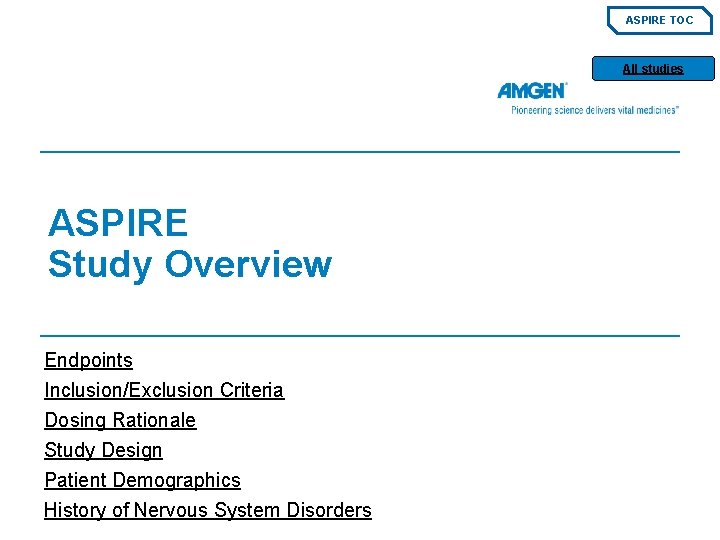 ASPIRE TOC All studies ASPIRE Study Overview Endpoints Inclusion/Exclusion Criteria Dosing Rationale Study Design