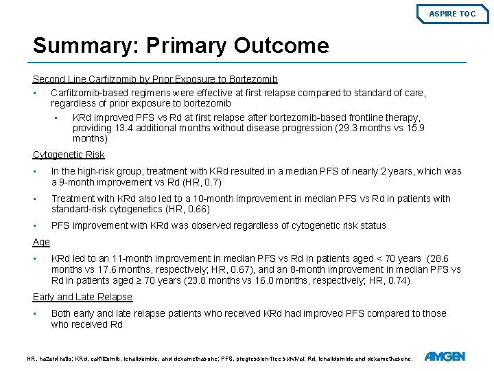 ASPIRE TOC Summary: Primary Outcome Second Line Carfilzomib by Prior Exposure to Bortezomib •