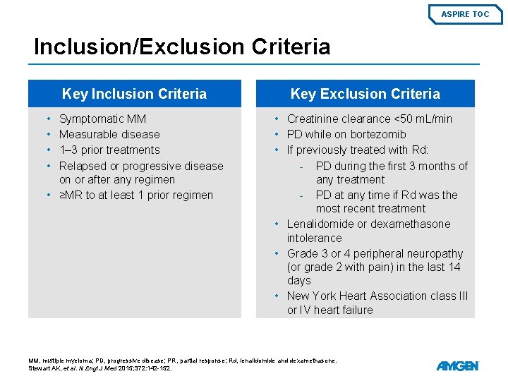 ASPIRE TOC Inclusion/Exclusion Criteria Key Inclusion Criteria • • Symptomatic MM Measurable disease 1–