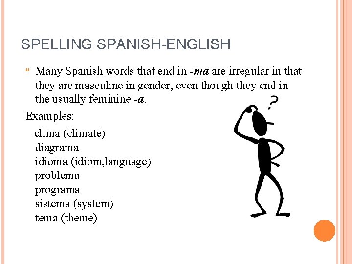SPELLING SPANISH-ENGLISH Many Spanish words that end in -ma are irregular in that they