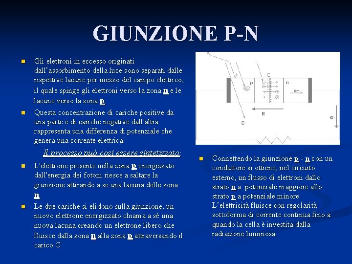 GIUNZIONE P-N n n Gli elettroni in eccesso originati dall’assorbimento della luce sono separati