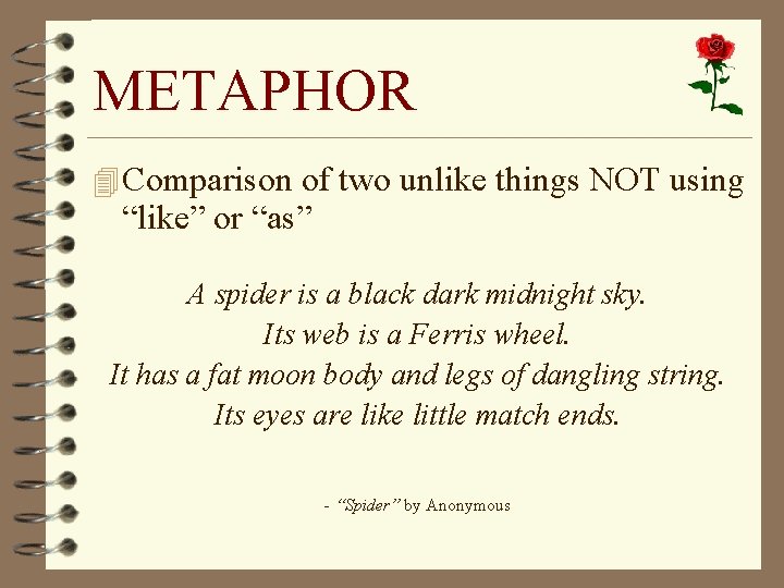 METAPHOR 4 Comparison of two unlike things NOT using “like” or “as” A spider