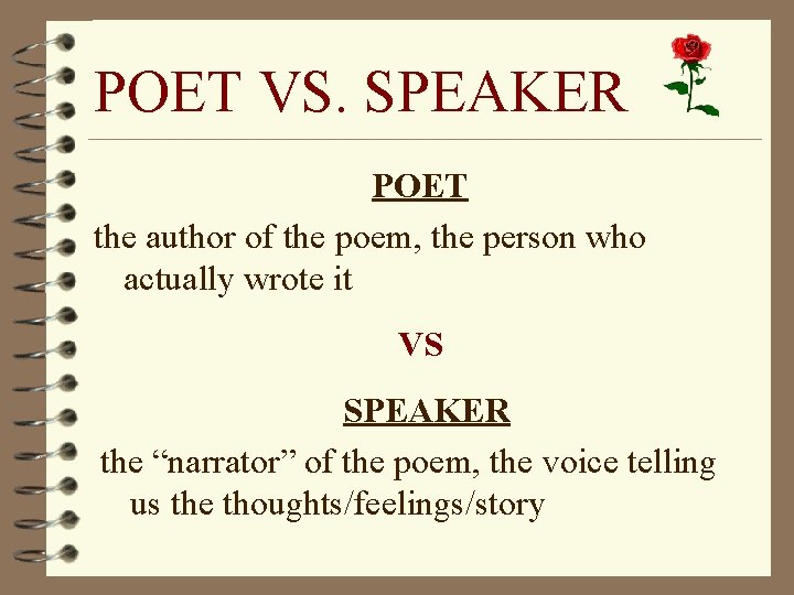 POET VS. SPEAKER POET the author of the poem, the person who actually wrote