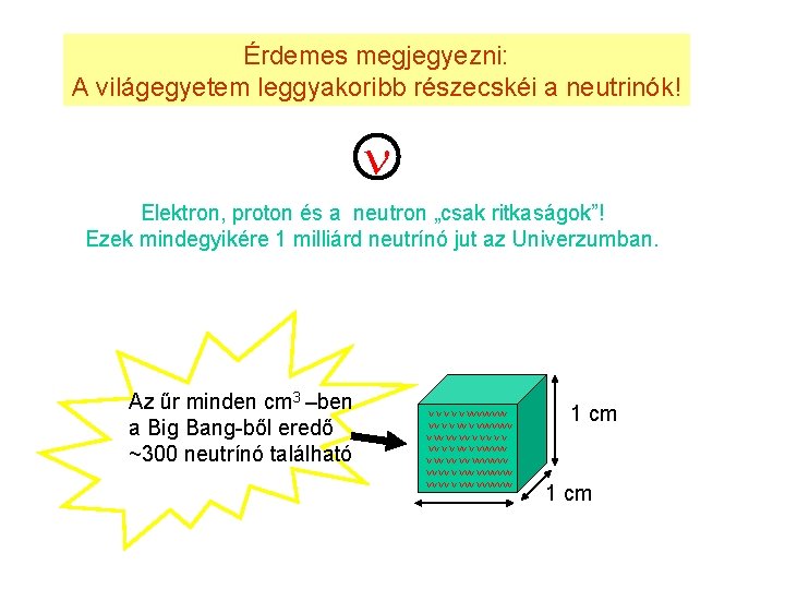 Érdemes megjegyezni: A világegyetem leggyakoribb részecskéi a neutrinók! Elektron, proton és a neutron „csak