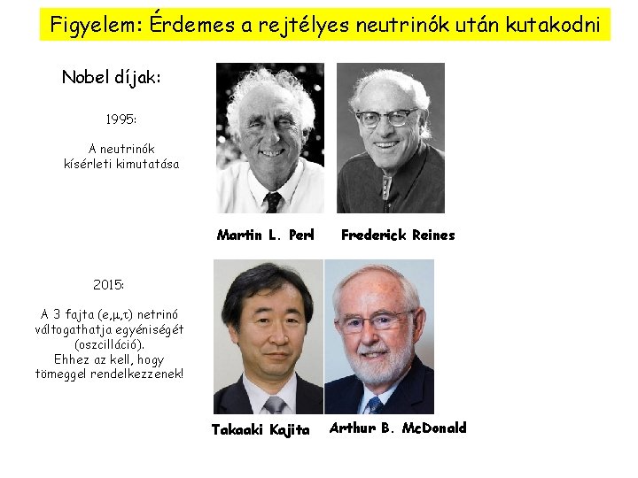 Figyelem: Érdemes a rejtélyes neutrinók után kutakodni Nobel díjak: 1995: A neutrinók kísérleti kimutatása