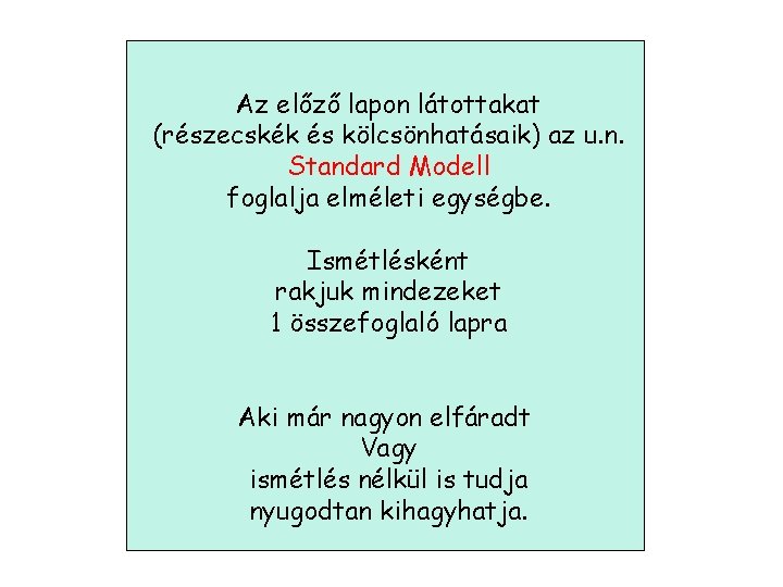 Az előző lapon látottakat (részecskék és kölcsönhatásaik) az u. n. Standard Modell foglalja elméleti