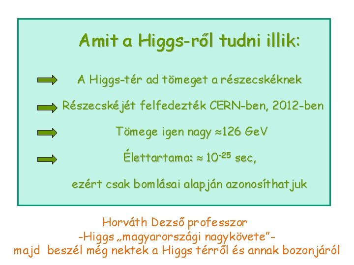 Amit a Higgs-ről tudni illik: A Higgs-tér ad tömeget a részecskéknek Részecskéjét felfedezték CERN-ben,