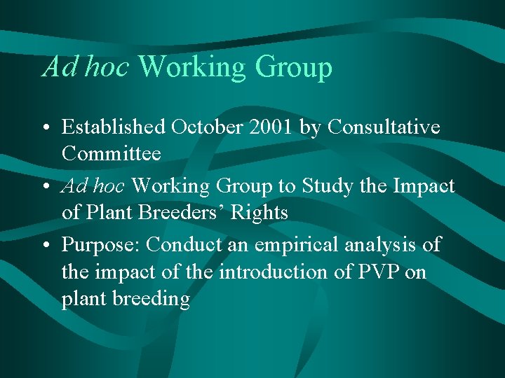 Ad hoc Working Group • Established October 2001 by Consultative Committee • Ad hoc