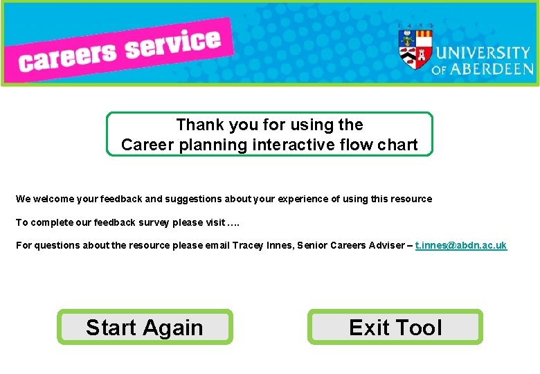 Thank you for using the Career planning interactive flow chart We welcome your feedback