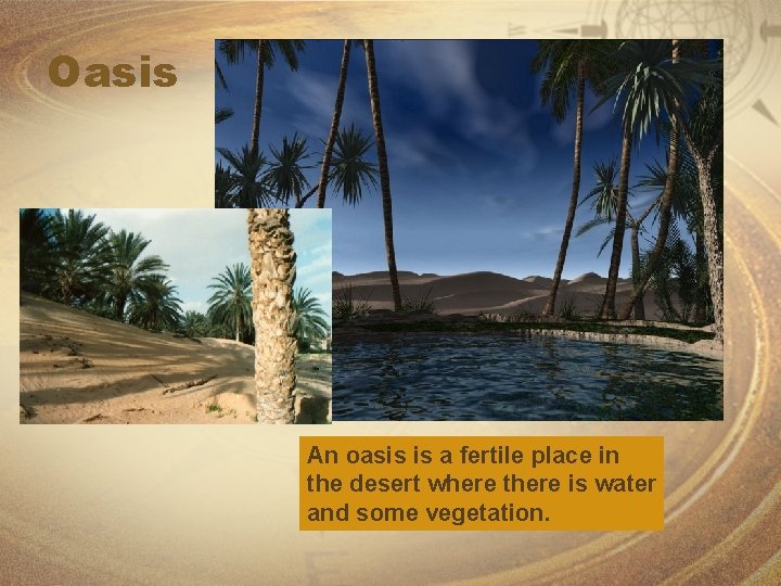 Oasis An oasis is a fertile place in the desert where there is water