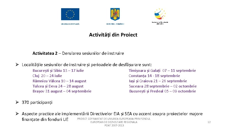 Activități din Proiect Activitatea 2 – Derularea sesiunilor de instruire Ø Localitățile sesiunilor de