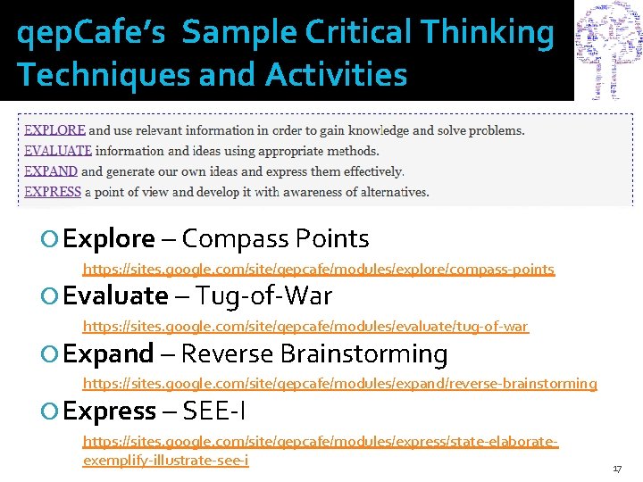 qep. Cafe’s Sample Critical Thinking Techniques and Activities Explore – Compass Points https: //sites.