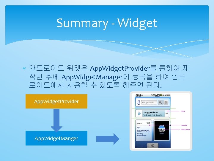 Summary - Widget 안드로이드 위젯은 App. Widget. Provider를 통하여 제 작한 후에 App. Widget.
