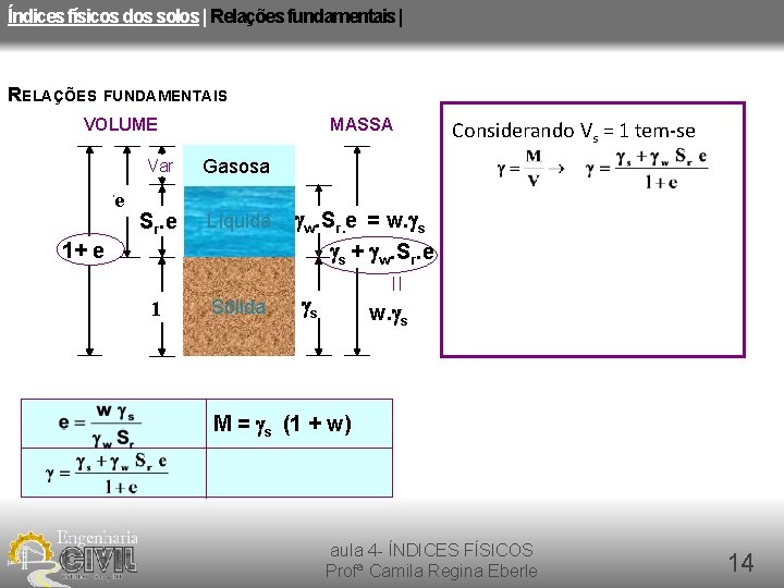 Índices físicos dos solos | Relações fundamentais | RELAÇÕES FUNDAMENTAIS VOLUME e Vv MASSA