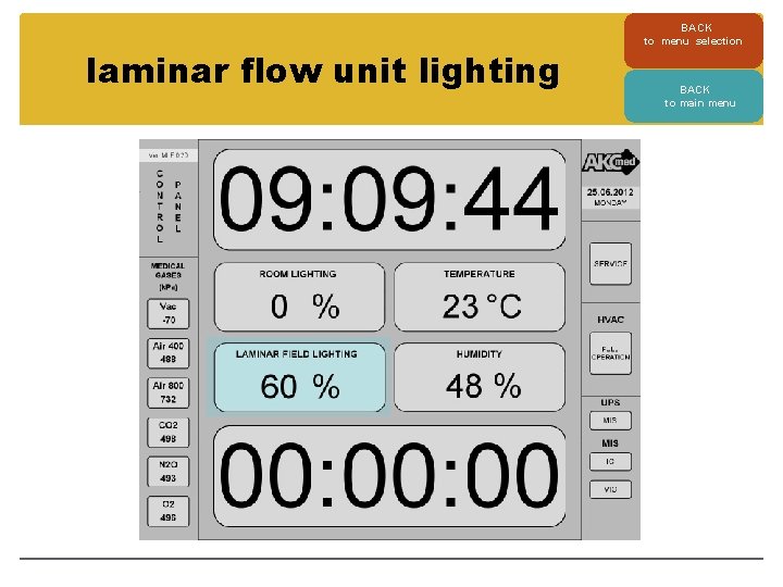 laminar flow unit lighting BACK to menu selection BACK to main menu 