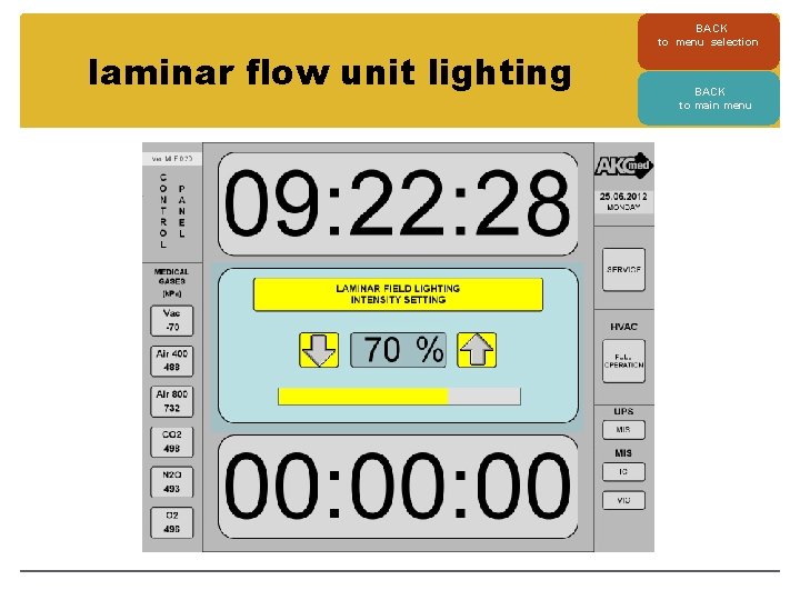 laminar flow unit lighting BACK to menu selection BACK to main menu 