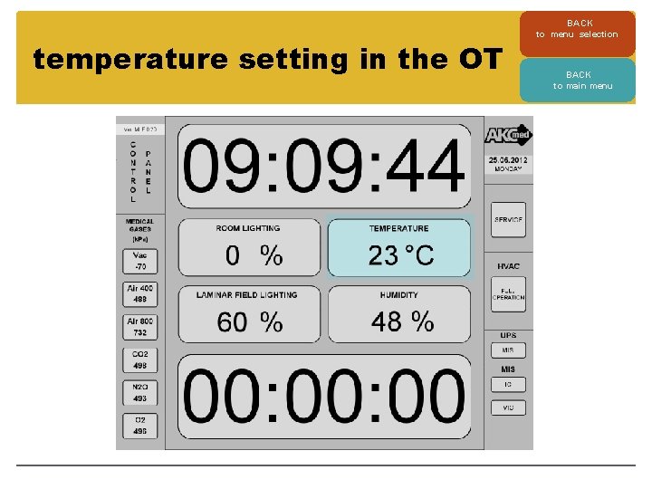 temperature setting in the OT BACK to menu selection BACK to main menu 