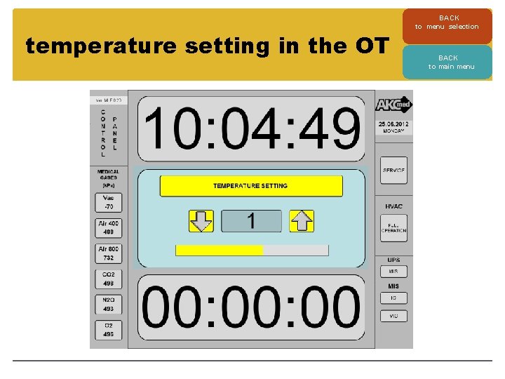 temperature setting in the OT BACK to menu selection BACK to main menu 