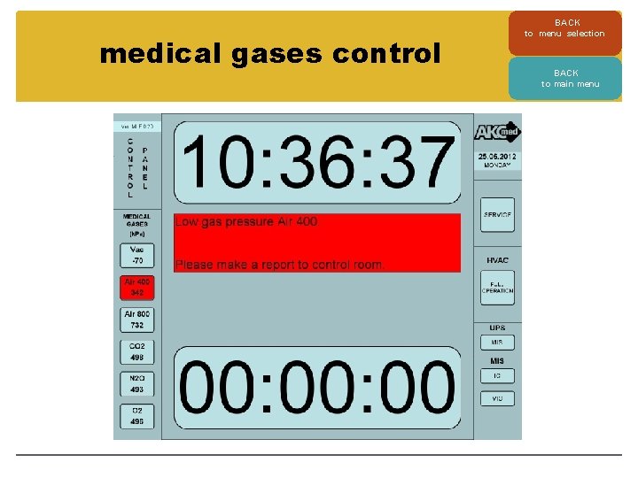 medical gases control BACK to menu selection BACK to main menu 