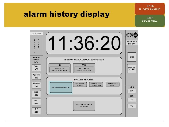 alarm history display BACK to menu selection BACK service menu 