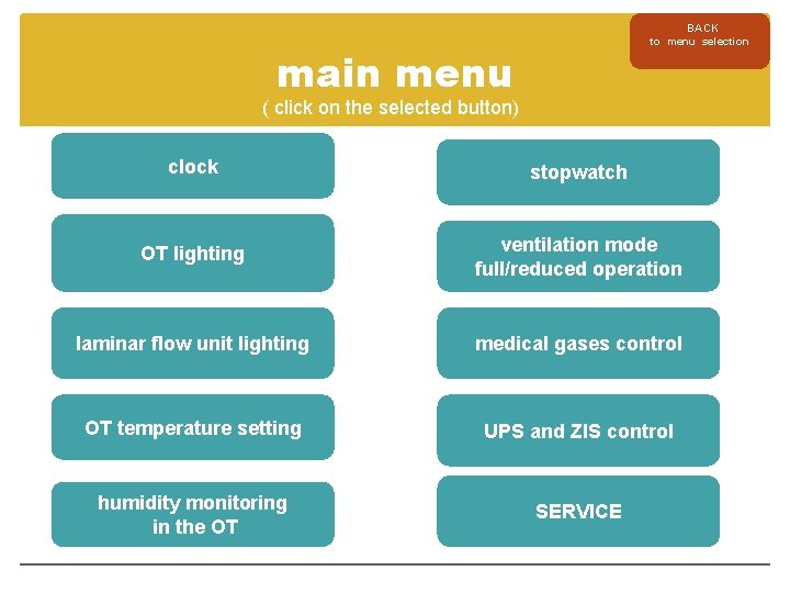 BACK to menu selection main menu ( click on the selected button) clock stopwatch