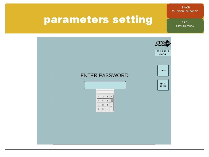 parameters setting BACK to menu selection BACK service menu 