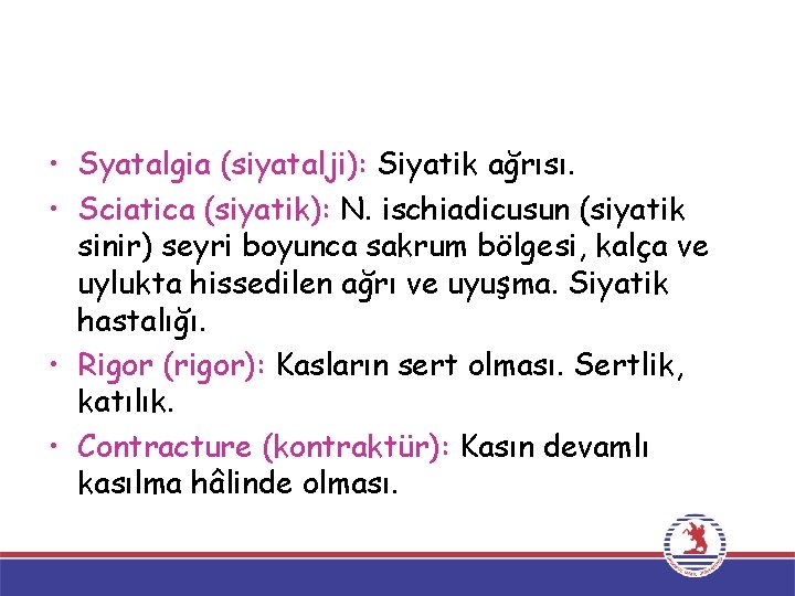  • Syatalgia (siyatalji): Siyatik ağrısı. • Sciatica (siyatik): N. ischiadicusun (siyatik sinir) seyri