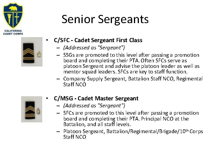 Senior Sergeants • C/SFC - Cadet Sergeant First Class – (Addressed as "Sergeant") –