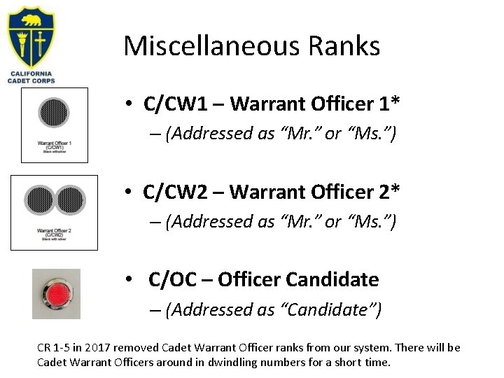 Miscellaneous Ranks • C/CW 1 – Warrant Officer 1* – (Addressed as “Mr. ”