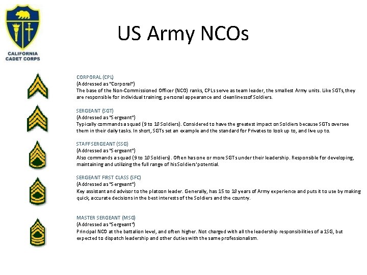 US Army NCOs CORPORAL (CPL) (Addressed as "Corporal") The base of the Non-Commissioned Officer