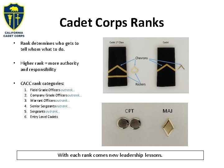 Cadet Corps Ranks • Rank determines who gets to tell whom what to do.