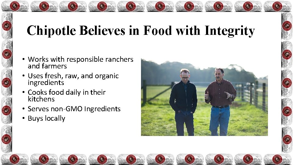 Chipotle Believes in Food with Integrity • Works with responsible ranchers and farmers •