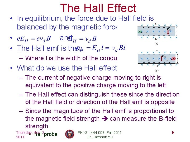 The Hall Effect • In equilibrium, the force due to Hall field is balanced