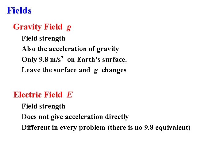 Fields Gravity Field g Field strength Also the acceleration of gravity Only 9. 8