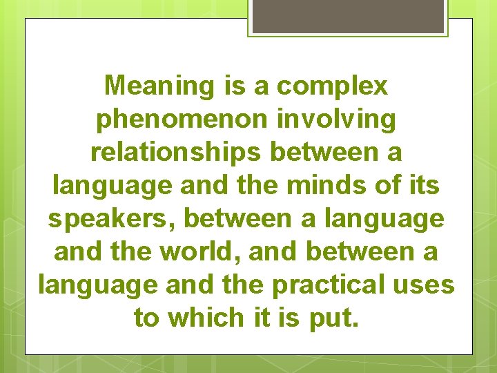 Meaning is a complex phenomenon involving relationships between a language and the minds of