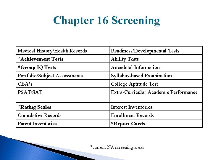 Chapter 16 Screening Medical History/Health Records Readiness/Developmental Tests *Achievement Tests Ability Tests *Group IQ