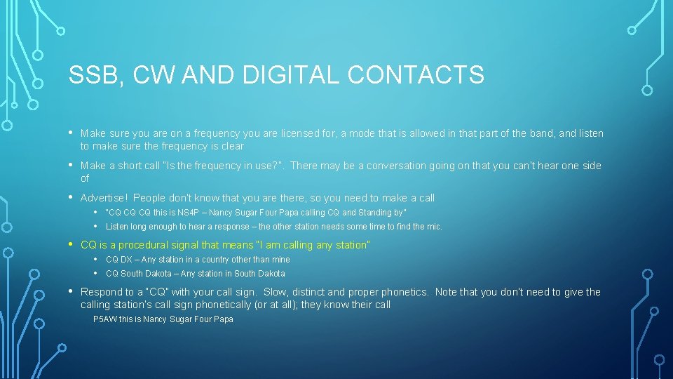 SSB, CW AND DIGITAL CONTACTS • Make sure you are on a frequency you