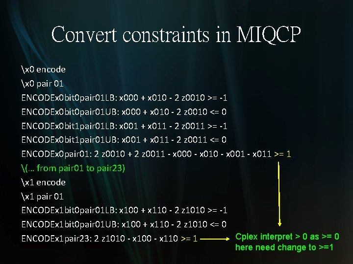 Convert constraints in MIQCP x 0 encode x 0 pair 01 ENCODEx 0 bit