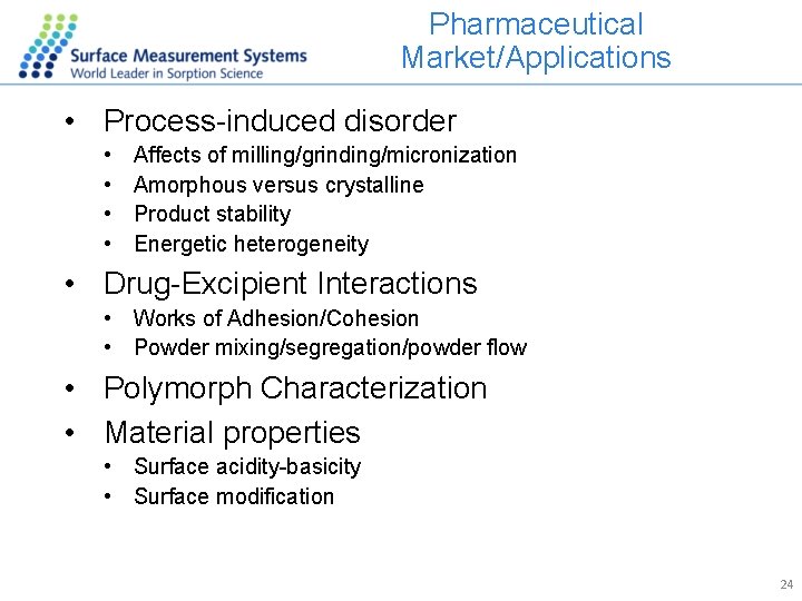 Pharmaceutical Market/Applications • Process-induced disorder • • Affects of milling/grinding/micronization Amorphous versus crystalline Product