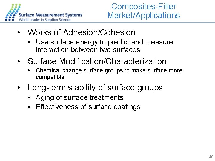 Composites-Filler Market/Applications • Works of Adhesion/Cohesion • Use surface energy to predict and measure