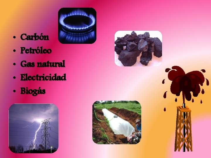 • • • Carbón Petróleo Gas natural Electricidad Biogás 