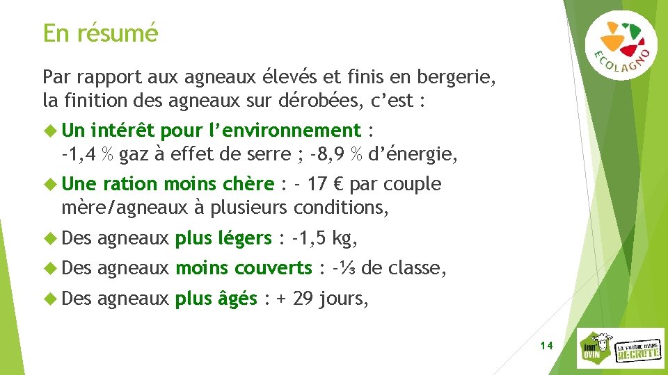 En résumé Par rapport aux agneaux élevés et finis en bergerie, la finition des